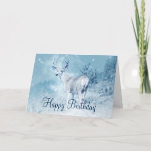Carte Cerf d'hiver aux pins Joyeux anniversaire