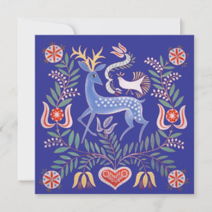 Carte cerf et fleurs d'art populaire hongrois vintage