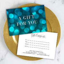 Carte Certificat cadeau Aqua Blue Bokeh Lights Silver