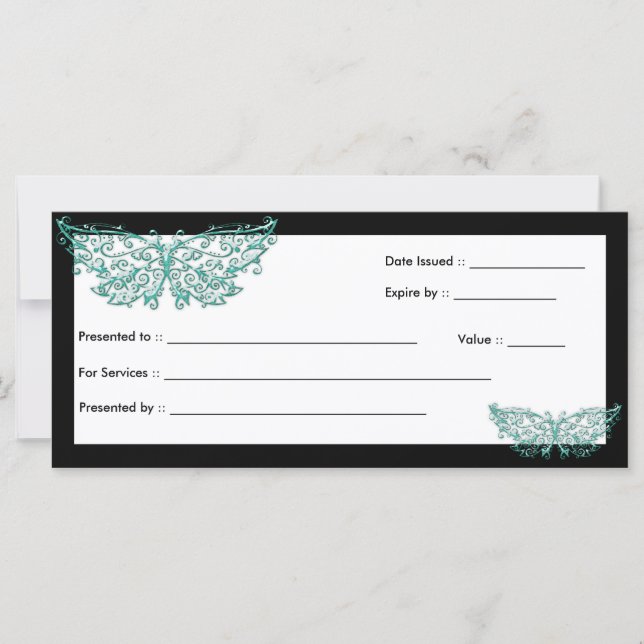 Carte Certificat cadeau :: Beau Papillon Turquoise (Devant)