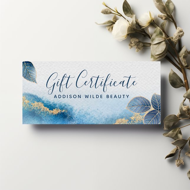 Carte Certificat Cadeau Botanique Aquarelle Bleu Or (Créateur téléchargé)