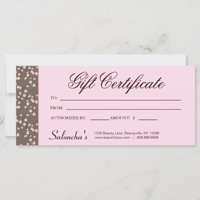 Carte Certificat cadeau Cherry Blossom Massage Salon ros (Devant)