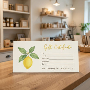 Carte Certificat cadeau citron aquarelle personnalisé