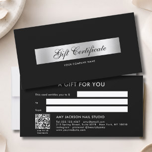 Carte Certificat Cadeau Code QR Argent Noir Élégant
