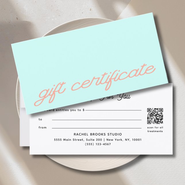 Carte Certificat Cadeau Code QR Moderne de Style Mint (Modern Script Mint QR Code Gift Certificate)