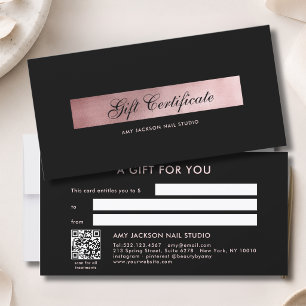 Carte Certificat Cadeau Code QR Rose Or Noir Élégant