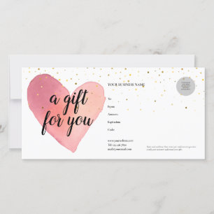 Carte Certificat Cadeau Cœur Aquarelle Paillettes Dorées