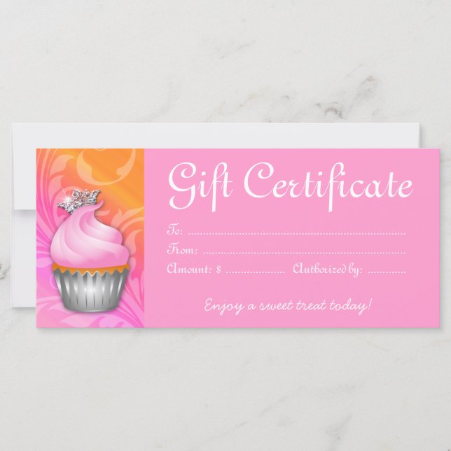 Carte Certificat cadeau Cupcake Couronne rose orange (Devant)