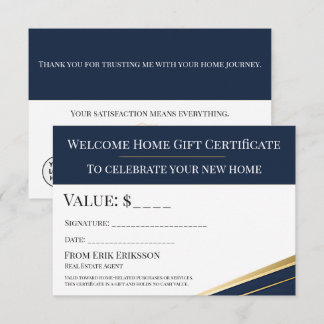 Carte Certificat cadeau de bienvenue Realtor Navy Gold