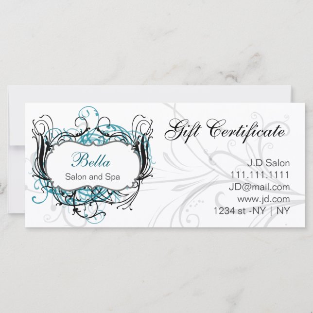 Carte certificat-cadeau de chic, noir et blanc aqua (Devant)