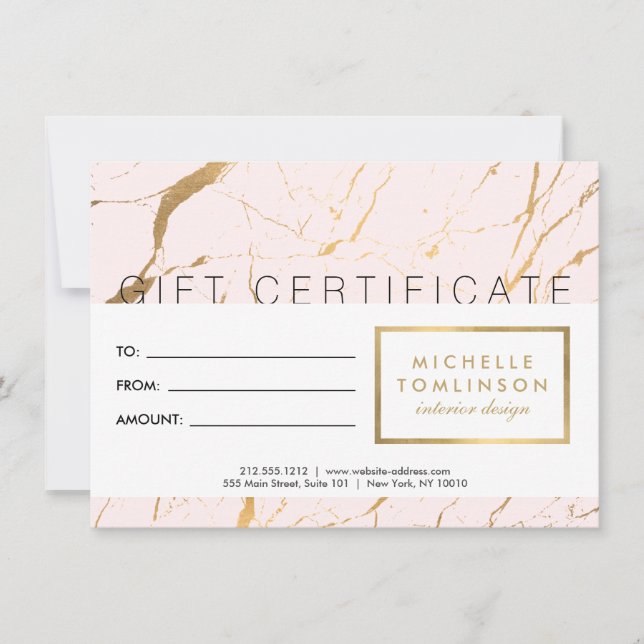 Carte Certificat cadeau de concepteur de marbre rose et  (Devant)