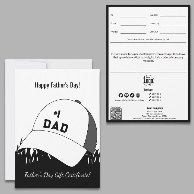 Carte Certificat cadeau de Fête des pères pour petites e (Small Business Happy Father's Day Gift Certificate, #1 Dad Cap, QR code, Personal Note)