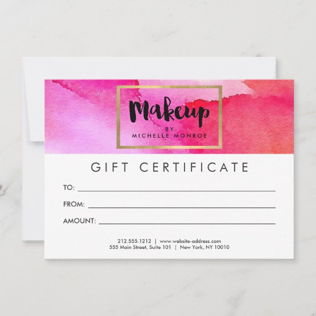 Carte Certificat cadeau de maquillage en Aquarelles rose (Devant)