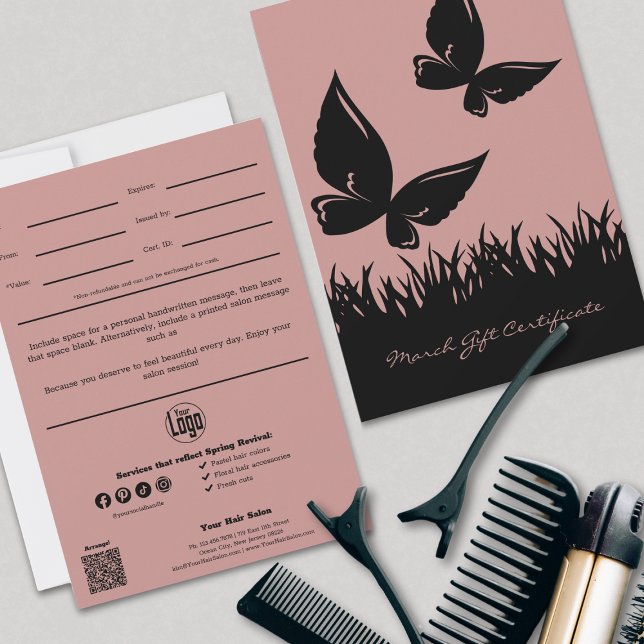 Carte Certificat cadeau de mars de coiffure moderne (Modern Hairstylist March Gift Certificate, Pink and Black, Butterfly Silhouettes)