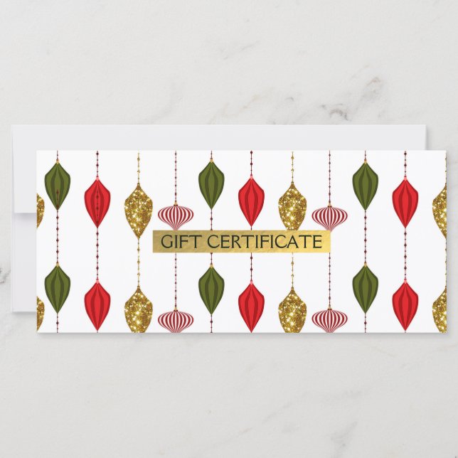Carte Certificat cadeau de Noël Glam Ornements (Devant)