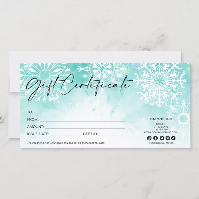 Carte certificat cadeau de Noël moderne neige (Devant)