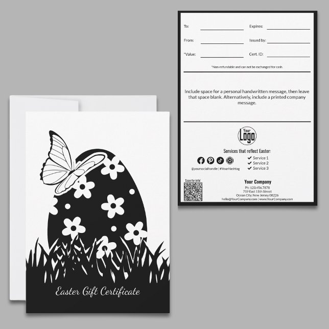 Carte Certificat cadeau de Pâques pour les petites entre (Modern Easter Small Business Gift Certificate, Easter Egg in Meadow with Butterfly, Build Loyalty)