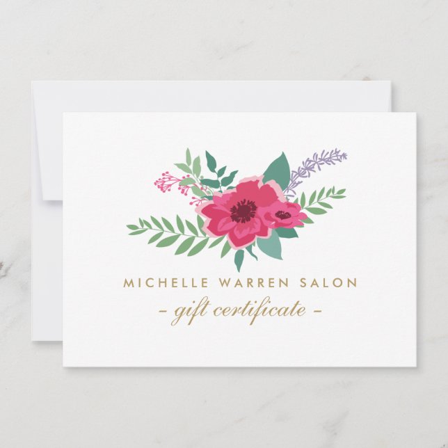 Carte Certificat Cadeau de Salon Floral Rose Élégant (Devant)