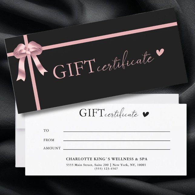 Carte Certificat cadeau d'entreprise spécifique au clien (Customer specific, Luxury, Elegant, Ribbon, Salon, Black Business Gift Certificate.)