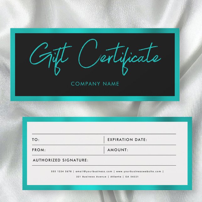 Carte Certificat cadeau d'entreprise Turquoise métalliqu (Metallic Teal Business Gift Certificate Voucher)