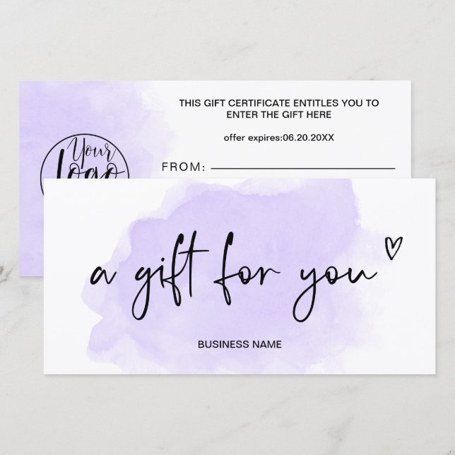 Carte Certificat cadeau du logo du coeur d'aquarelle vio (Devant / Derrière)
