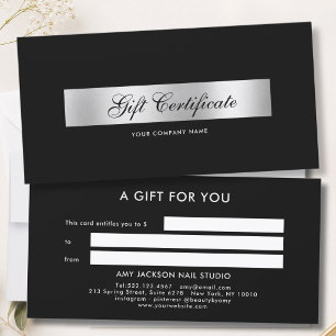 Carte Certificat Cadeau Élégant Rayure Noir Argent