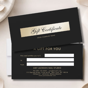 Carte Certificat Cadeau Élégant Rayure Noir Or