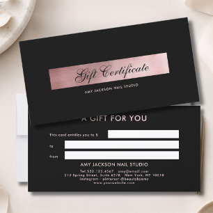 Carte Certificat Cadeau Élégant Rayure Noir Rosé Or