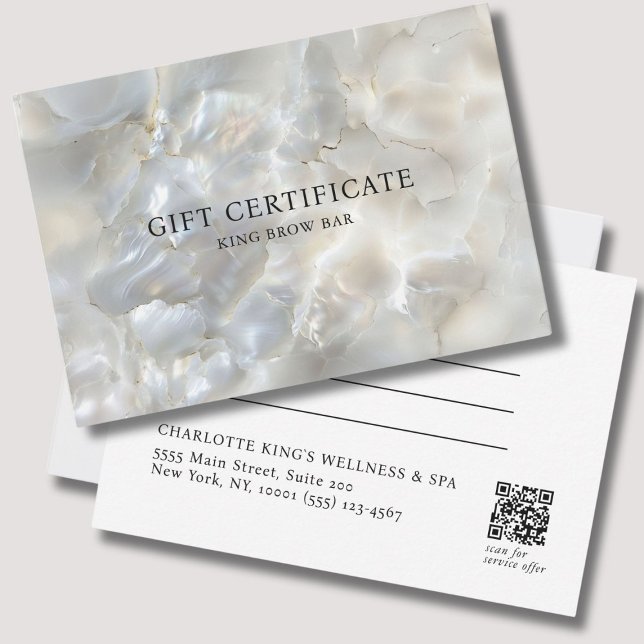 CARTE CERTIFICAT CADEAU EN MARBRE EN ARGENT BLANC SALON  (MARBEL WHITE-SILVER SALON QR CODE GIFT CERTIFICATE)