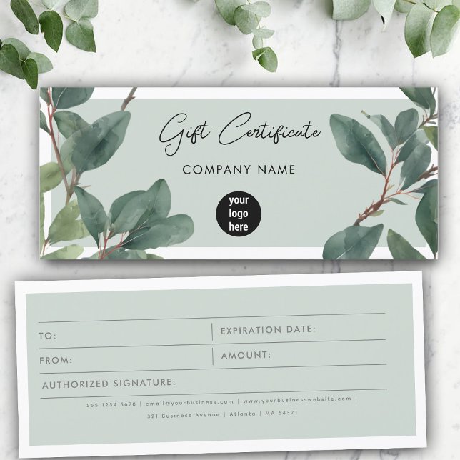 Carte Certificat cadeau Eucalyptus Business Logo (Eucalyptus Business Logo Gift Certificate Voucher)