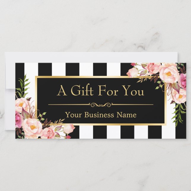 Carte Certificat Cadeau Fleurs Dorées Bandes Noires et B (Devant)