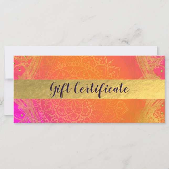 Carte Certificat cadeau Fuchsia Pink Orange & Gold India (Devant)