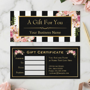 Carte Certificat cadeau Gold Floral Bandes noires et bla