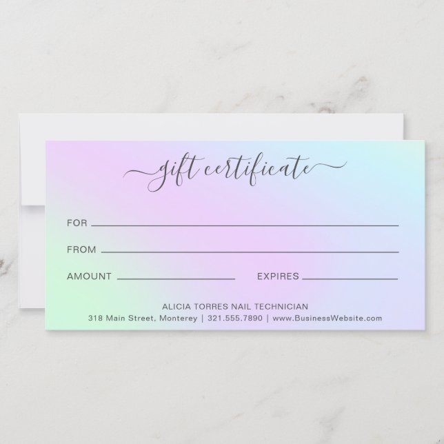 Carte Certificat cadeau holographique du salon à ongles  (Devant)