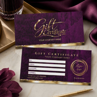 Carte Certificat Cadeau Luxueux Or Élégant Prune de Bour