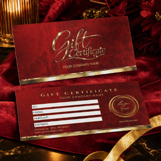 Carte Certificat Cadeau Luxueux Or Rouge Élégant