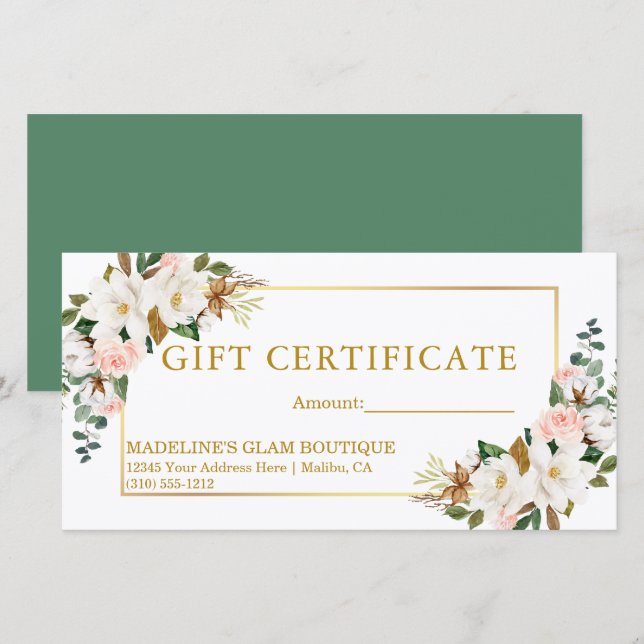 Carte Certificat Cadeau Magnolias Roses Vert Aquarelle (Devant / Derrière)