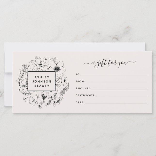 Carte Certificat cadeau moderne Botanique Blush & Black (Devant)