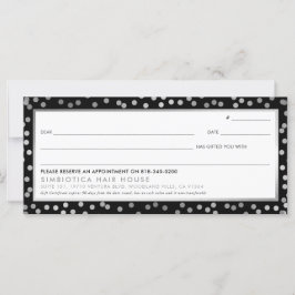 Carte CERTIFICAT CADEAU moderne points glam argent noir