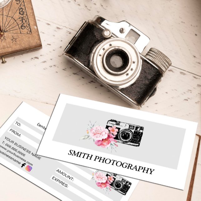 Carte Certificat cadeau photo floral moderne photographe (Modern Floral Camera Photographer Gift Certificate #photographer #pinkblush #cameradrawing)