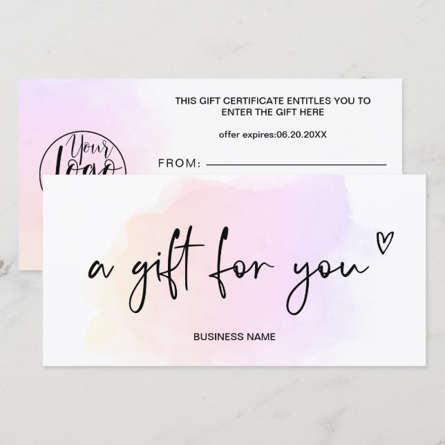 Carte Certificat cadeau pour le coeur d'aquarelle arc-en (Devant / Derrière)