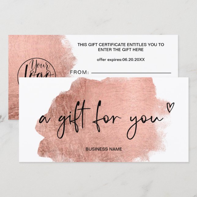 Carte Certificat cadeau pour le coeur en feuille d'or ro (Devant / Derrière)
