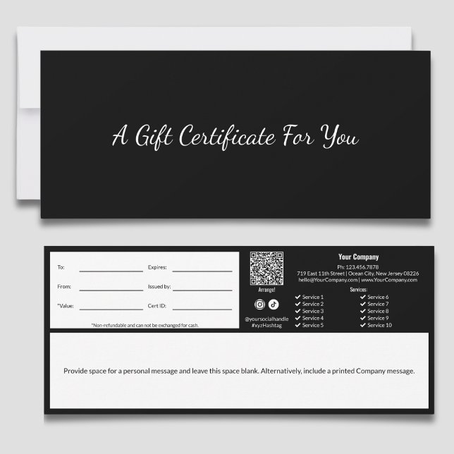 Carte Certificat cadeau professionnel noir blanc minimal (Minimal Professional Black White Gift Certificate)
