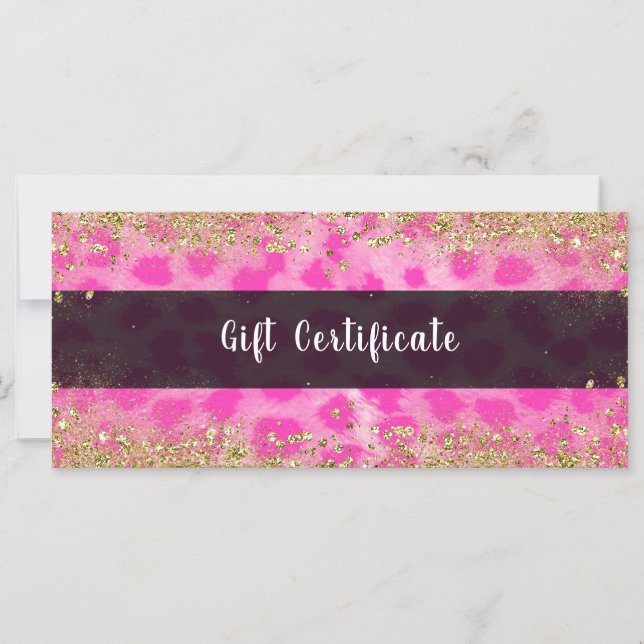 Carte Certificat Cadeau Rose Pailleté Léopard Guépard Or (Devant)