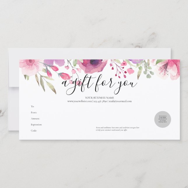 Carte Certificat cadeau Rose Watercolor (Devant)