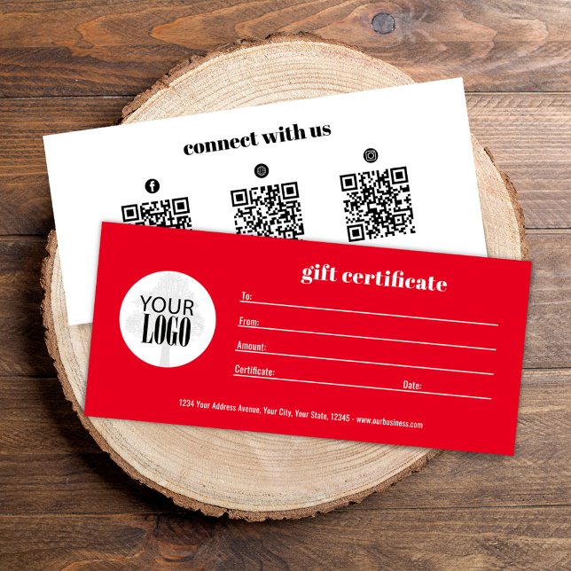 Carte Certificat cadeau rouge du logo de l'entreprise QR (Simple red add your logo gift certificates. )
