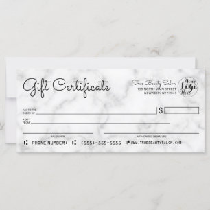 Carte Certificat cadeau simple en marbre noir blanc chèq