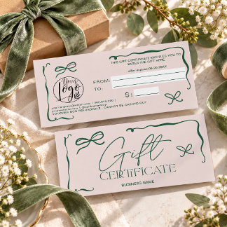 Carte Certificat Cadeau Vert Sauge Rose Foncé Ruban