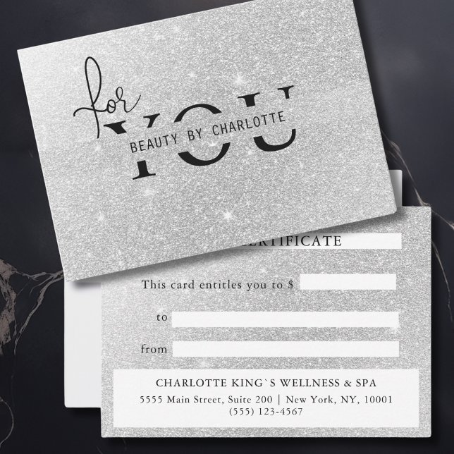 CARTE CERTIFICAT COMMERCIAL | | (Elegant Salon Silver Glitter Gift Certificate)