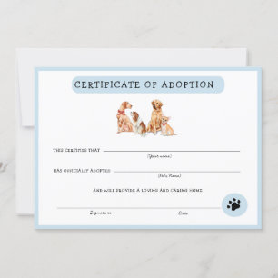 Carte Certificat d'adoption de chiot bleu et blanc